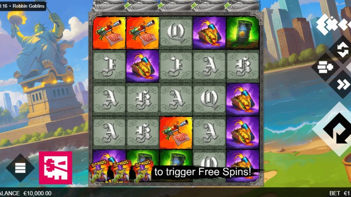 Tampilan visual slot Robbin’ Goblins dengan tema goblin yang penuh ledakan dan kekacauan.